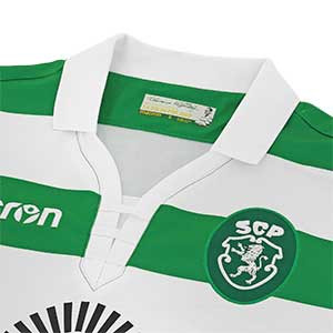 Camiseta Macron 1a Sporting Lisboa 18 2019 - Camiseta primera equipación Macron del Sporting de Lisboa 2018 2019 - blanca y verde - detalle cuello