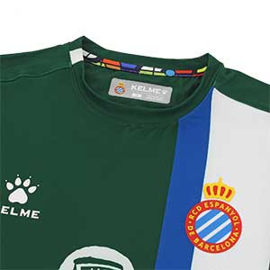 Camiseta Kelme niño 2a Espanyol 2019 2020 - Camiseta infantil segunda equipación Kelme Espanyol 2019 2020 - verde oscura - detalle cuello