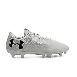 Under Armour Magnetico Pro FG - Botas de fútbol Under Armour FG para césped natural o artificial de última generación - plata y blancas - pie derecho