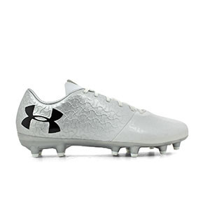 Under Armour Magnetico Select FG - Botas de fútbol Under Armour FG para césped natural o artificial de última generación - plata y blancas - pie derecho