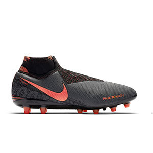 Nike Phantom Vision Elite DF AG-PRO - Botas de fútbol Nike con tobillera AG-Pro para césped artificial - gris oscuro y naranjas - pie derecho