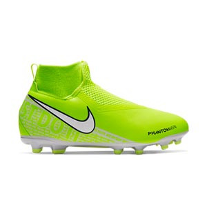 Nike Phantom Vision Academy DF MG Jr - Botas de fútbol infantiles Nike con tobillera MG para césped natural y artificial - amarillas flúor - derecho