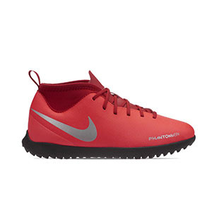 Nike Jr. Phantom Vision Club DF TF - Zapatillas multitaco infantiles Nike con tobillera FootballX suela turf - rojas - pie derecho