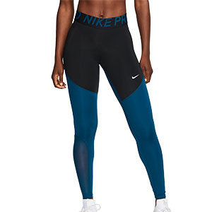 Mallas Nike Pro mujer - Mallas largas compresiva de mujer para fútbol Nike - negra y azul - frontal