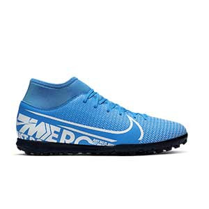 Nike Mercurial Superfly 7 Club TF - Zapatillas multitaco con tobillera Nike suela turf - azul celeste - pie derecho