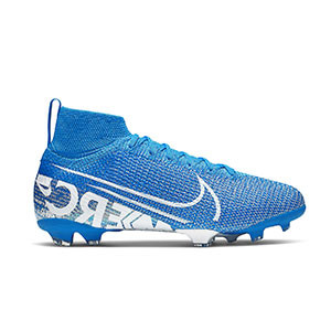 Nike Mercurial Superfly 7 Elite FG Jr - Botas de fútbol infantiles con tobillera Nike FG para césped natural o artificial de última generación - azul celeste - pie derecho