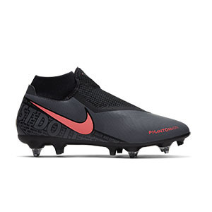 Nike Phantom Vision Academy DF SG-PRO AC - Botas de fútbol con tobillera Nike SG con tacos de alúminio para césped natural blando - gris oscuro y naranjas - pie derecho