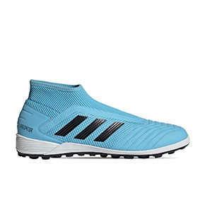 adidas Predator 19.3 LL FG - Zapatillas de fútbol multitaco con tobillera sin cordones adidas TF suela turf - azul celeste y negras - pie derecho