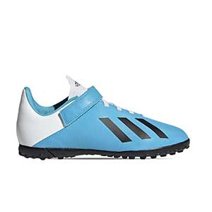 adidas X 19.4 TF J velcro - Zapatillas multitaco infantiles con velcro adidas suela turf - azul celeste - pie derecho