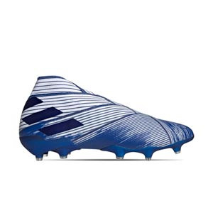 adidas Nemeziz 19+ FG - Botas de fútbol sin cordones adidas FG para césped natural o artificial de última generación - azules y blancas - derecho