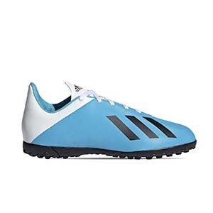 adidas X 19.4 TF J - Botas de fútbol multitaco infantiles adidas suela turf - azul celeste - pie derecho