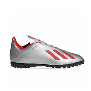 adidas X 19.4 TF Junior - Botas de fútbol multitaco infantiles adidas suela turf - plateadas - pie derecho