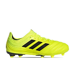 adidas Copa 19.1 FG J - Botas de piel infantiles adidas suela FG para césped natural o artificial de última generación - amarillas flúor - pie derecho