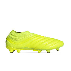 adidas Copa 19+ FG - Botas piel canguro sin cordones adidas FG césped natural o artificial última generación - amarillas flúor - pie derecho