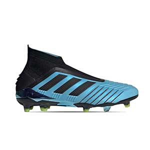 adidas Predator 19+ FG - Botas de fútbol con tobillera sin cordones adidas FG para césped natural o artificial de última generación - azul celeste y negras - pie derecho