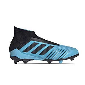 adidas Predator 19+ FG J - Botas fútbol tobillera sin cordones niño adidas FG césped natural o artificial última generación - azul celeste y negras - pie derecho