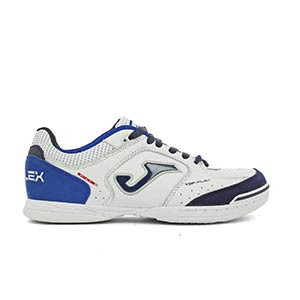 Joma Top Flex 932 IN - Zapatillas de fútbol sala de piel para niño Joma suela lisa IN - blancas y azules - pie derecho