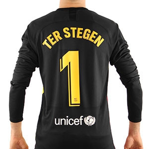 Camiseta Nike Barcelona Ter Stegen 19 20 Champions - Camiseta Marc-André ter Stegen Nike FC Barcelona Champions 2019 2020 - amarilla y negra - trasera