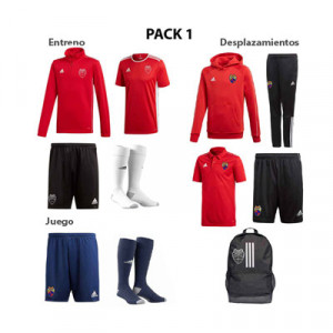 Pack niños de productos nº 1 - CE Mercantil - Pack con: polo, bermuda, sudadera con capucha, pantalón largo, mochila, sudadera entreno, camiseta entreno, short entreno, medias entreno, short juego y medias juego - conjunto frontal