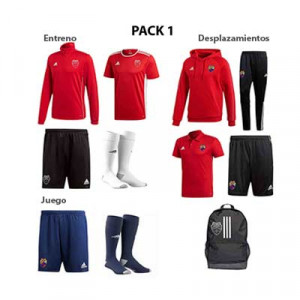 Pack de productos nº 1 - CE Mercantil - Pack con: polo, bermuda, sudadera con capucha, pantalón largo, mochila, sudadera entreno, camiseta entreno, short entreno, medias entreno, short juego y medias juego - frontal