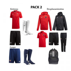 Pack niños de productos nº 2 - CE Mercantil - Pack con: polo, bermuda, sudadera con capucha, pantalón largo, mochila, parka, sudadera entreno, camiseta entreno, short entreno, medias entreno, short juego y medias juego - frontal conjunto