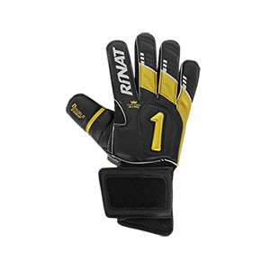 Rinat Uno Premier GK Pro - Guantes de portero profesionales Rinat corte Ergonómico - negros y dorados - frontal derecho