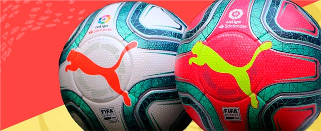 2 balones Puma para niño, el de la izquierda balón La Liga Española LFP 2019 2020 y el de la derecha balón de invierno La Liga Española LFP 2019 2020 